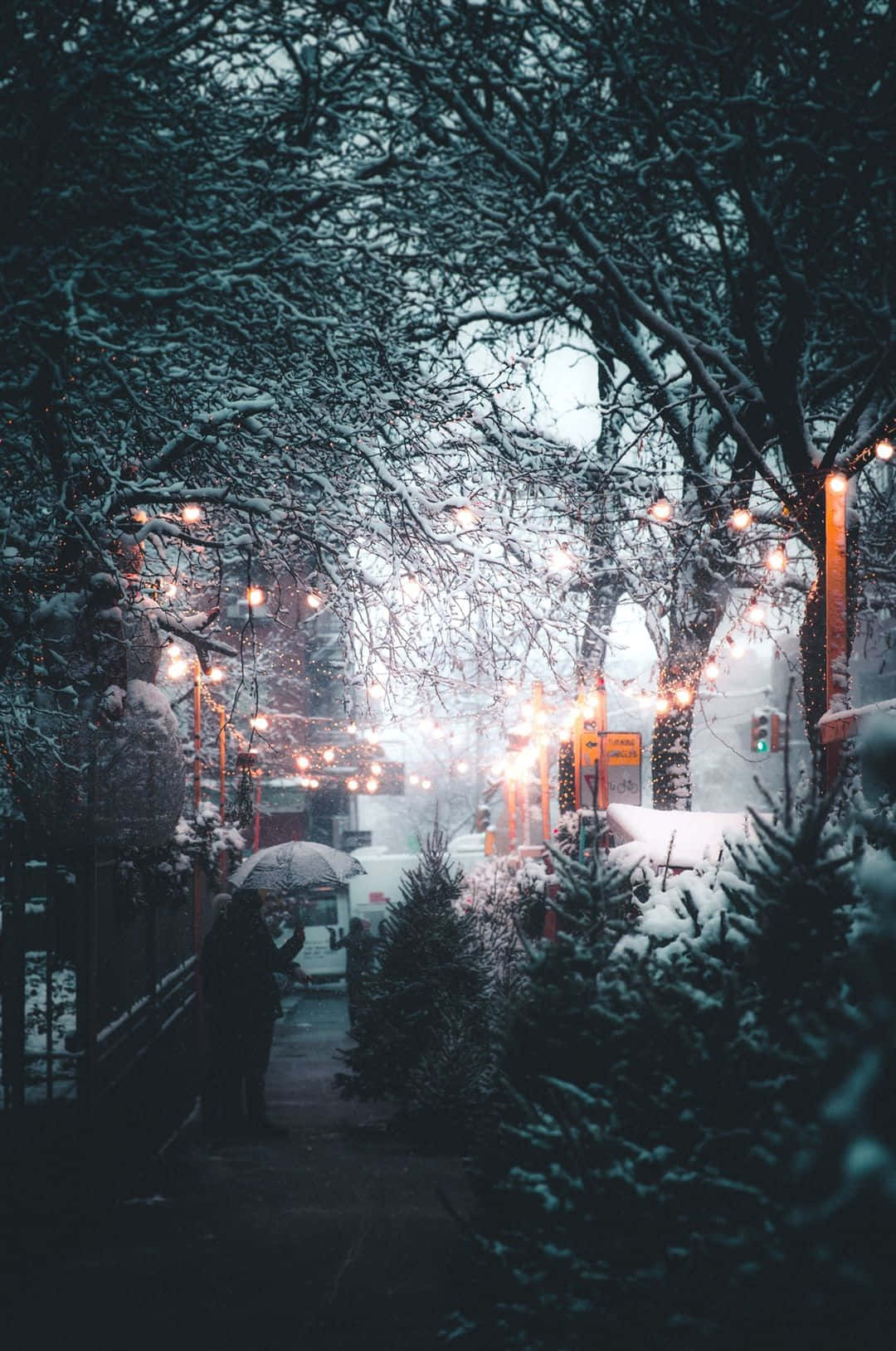 聖誕節 iPhone 桌布 壁紙 — 黃昏時分積雪的城市小巷，串燈在積雪的樹木上方溫暖地發光，一個人撐著傘。