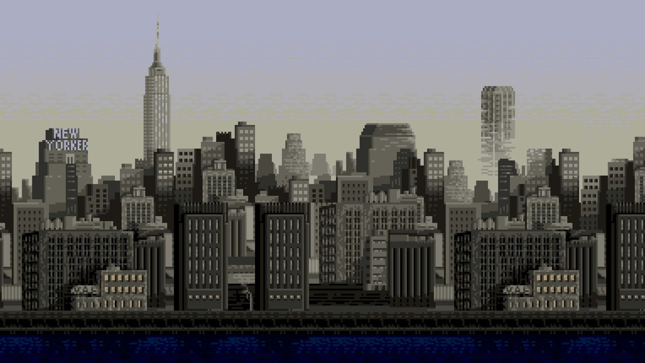 City Pixel Art 桌布 壁紙 — 黃昏時分紐約天際線的像素藝術城市景觀，包括帝國大廈和「NEW YORKER」標誌。