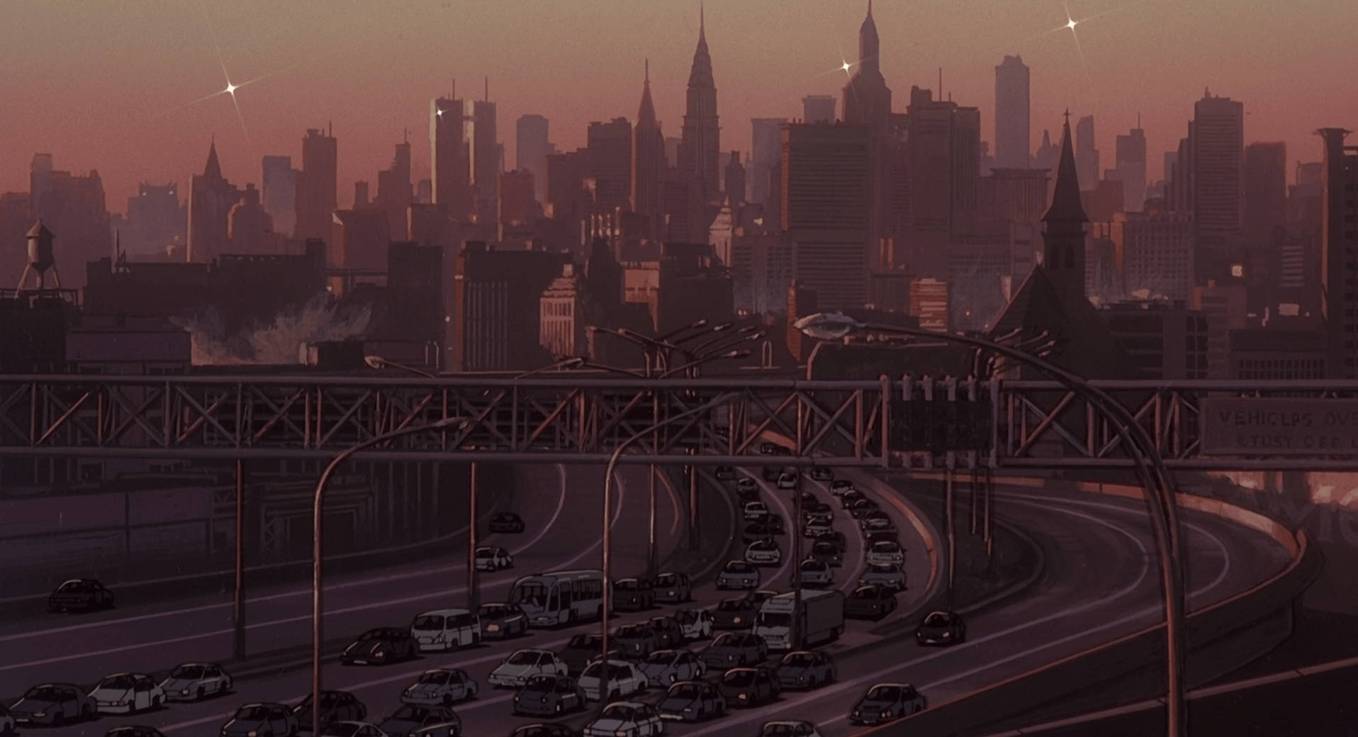 Cowboy Bebop 桌布 壁紙 — 黃昏時分繁忙的城市高速公路，汽車在鋼鐵高架橋下川流不息，背景是朦朧的粉紅色和橙色天際線。
