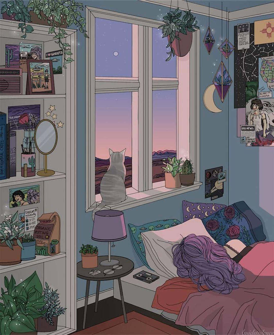 Cute Anime Bedroom 桌布 壁紙 — 黃昏時分舒適的臥室，一隻貓透過窗戶凝視星空和沙漠景觀。