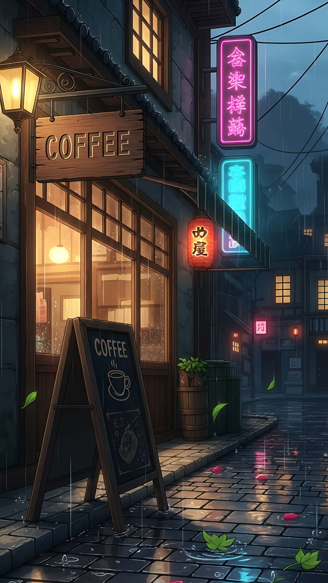 Street Night 壁紙 — 黃昏時分被雨淋濕的鵝卵石街道，溫暖明亮的咖啡店和發光的霓虹燈招牌倒映在水坑中。