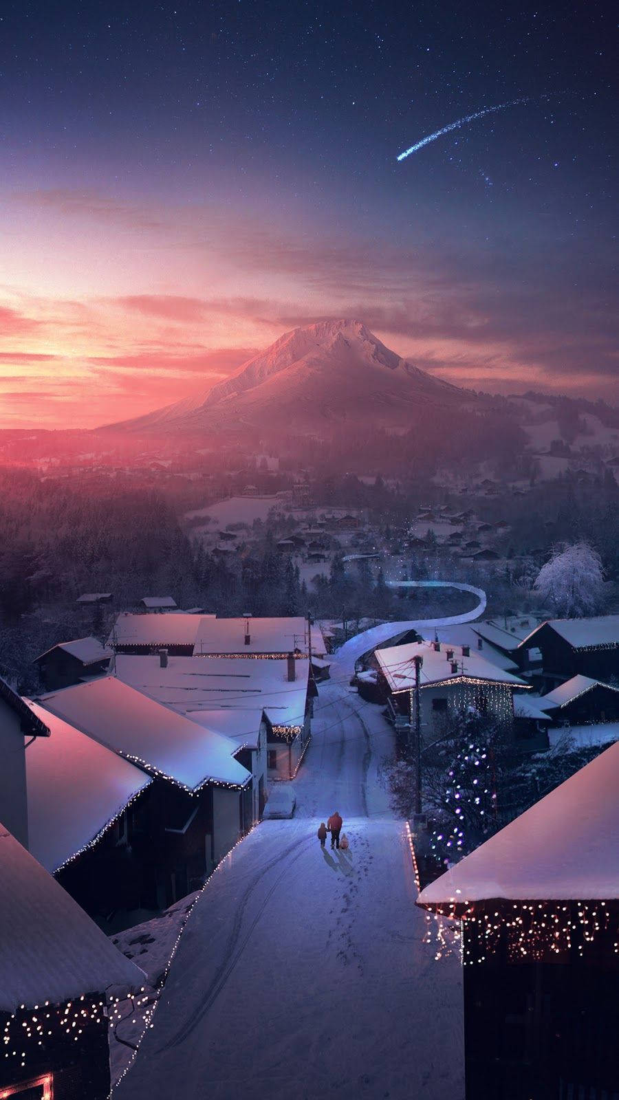 山景 桌布 壁紙 — 黃昏時分被雪覆蓋的村莊，以山脈為背景，一顆流星劃過星空。