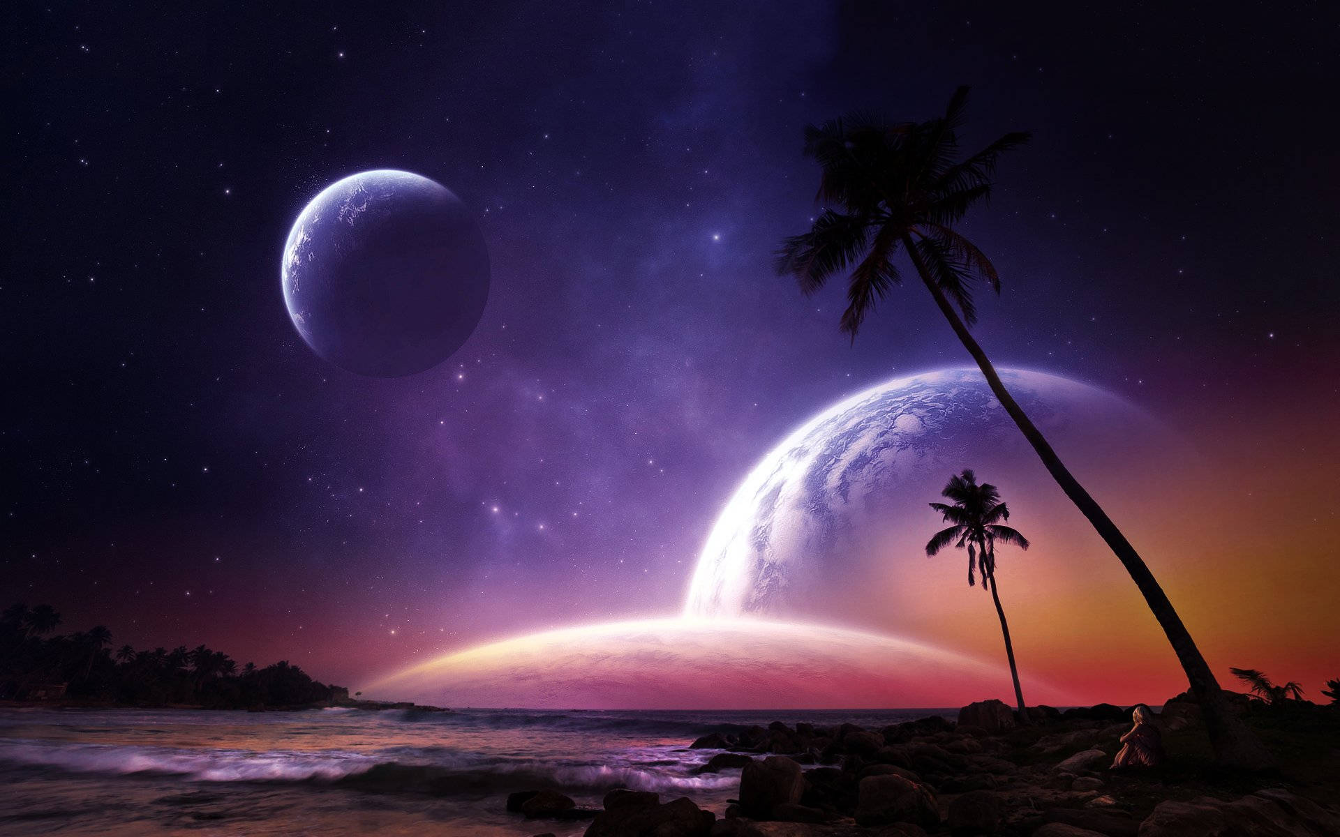 Outlook 桌布 壁紙 — 黃昏時分超現實的外星海灘，棕櫚樹在發光的地平線上形成剪影，兩顆行星懸掛在繁星點點的紫色天空中。