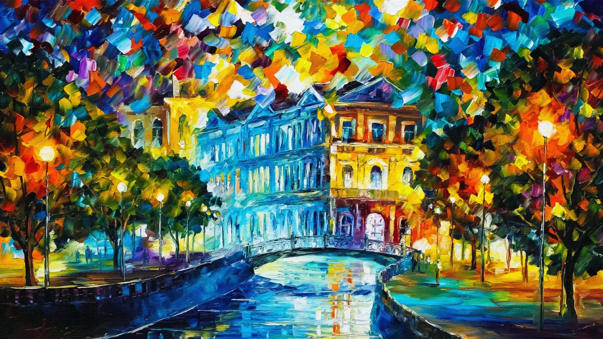 Painting 桌布 壁紙 — 黃昏時分運河旁歐洲街道的鮮豔印象派畫作，色彩繽紛的樹木和發光的街燈。