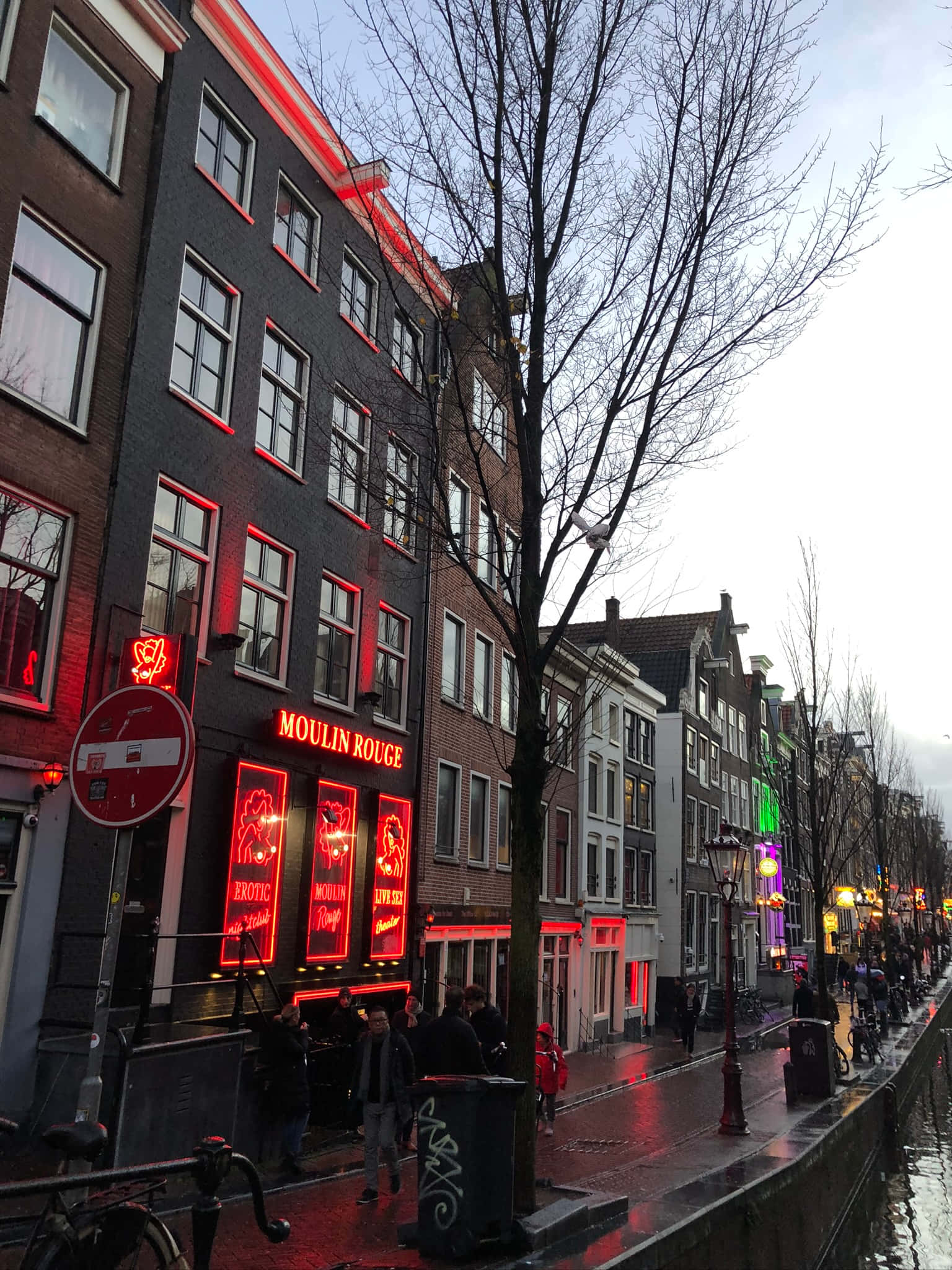 Red Light District 桌布 壁紙 — 黃昏時分阿姆斯特丹的運河街道，細雨綿綿，歷史建築上閃爍的紅色霓虹燈和光禿禿的樹木倒映在濕漉漉的路面上。
