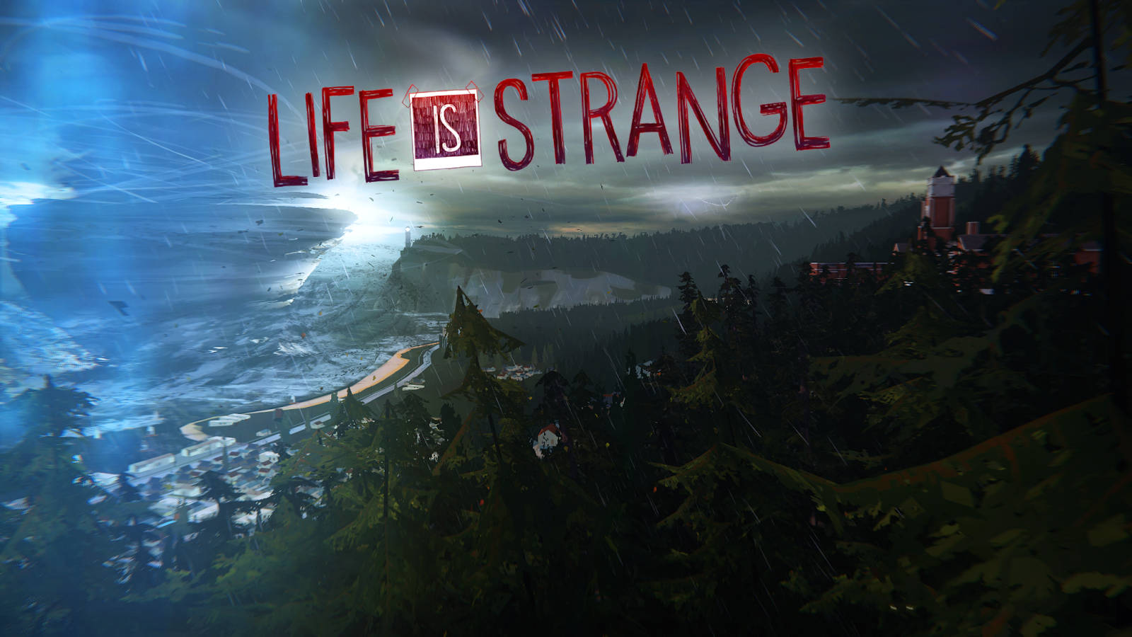life 桌布 壁紙 — 黃昏時分雨中的山區景觀，'Life is Strange' 標題在蜿蜒的道路和森林上方發出紅色光芒。