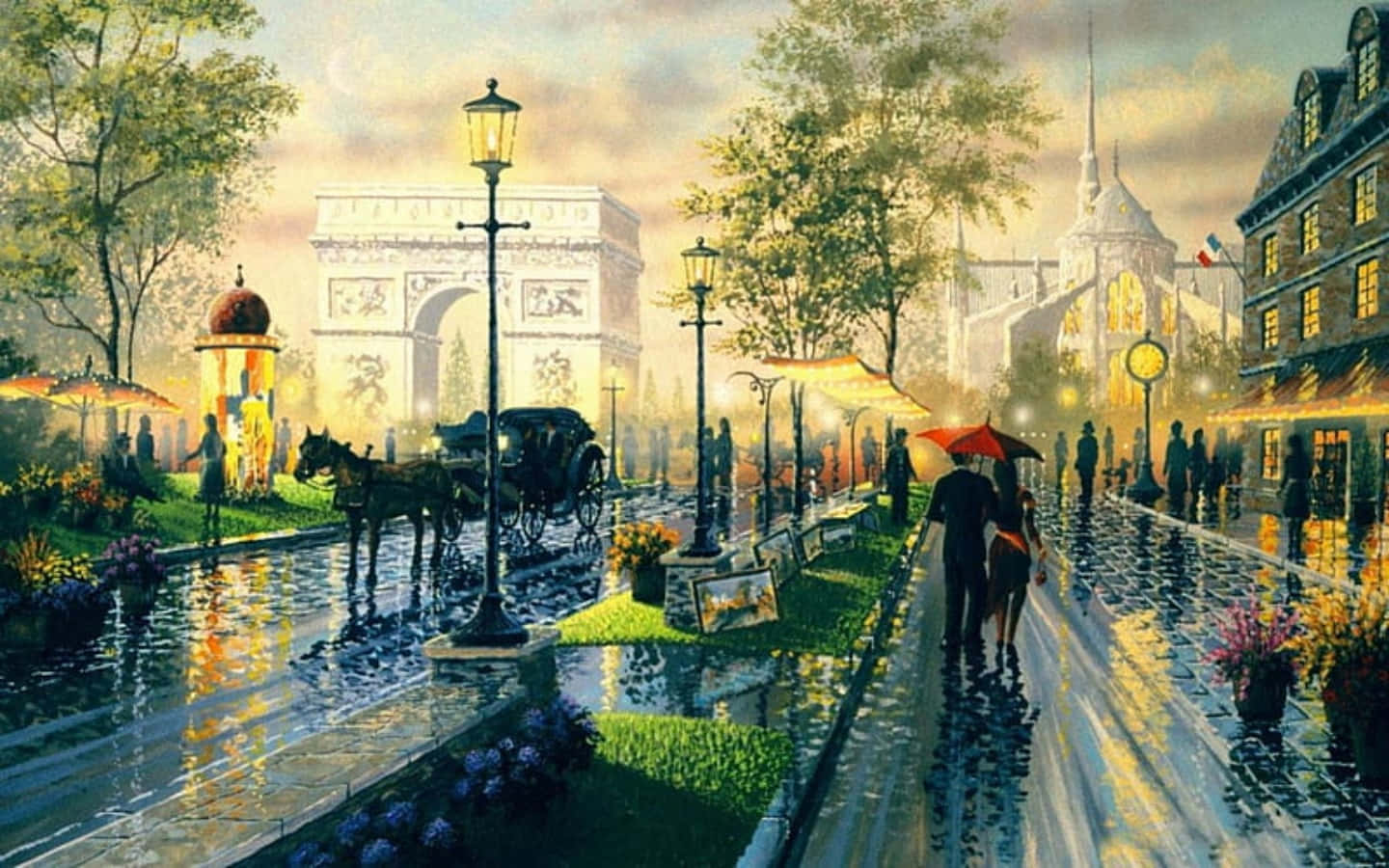 Visual Art 桌布 壁紙 — 黃昏時分雨中的巴黎街道，一對情侶撐著傘走過凱旋門和發光的街燈。