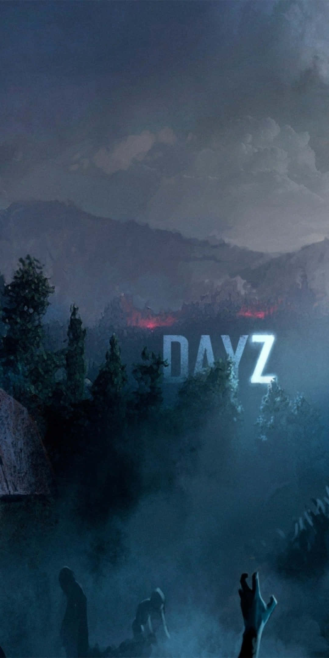 Pixel 3 Dayz 桌布 壁紙 — 黃昏時分霧氣瀰漫的山地景觀，遠處有熾熱的紅色火焰，發光的DAYZ標誌下方的霧氣中湧現出殭屍身影。