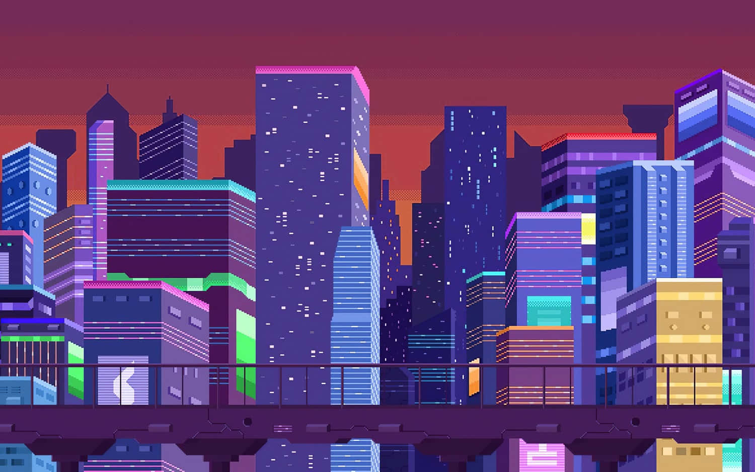 Pixel 桌布 壁紙 — 黃昏時的像素藝術城市景觀，發光的摩天大樓和霓虹燈反射在橋上。