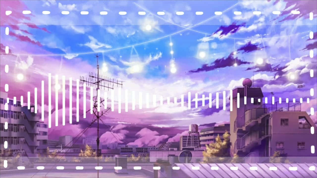 Blue Anime 桌布 壁紙 — 黃昏時的動漫城市景觀，帶有紫色和藍色的天空、發光的燈光和白色音頻波形疊加。