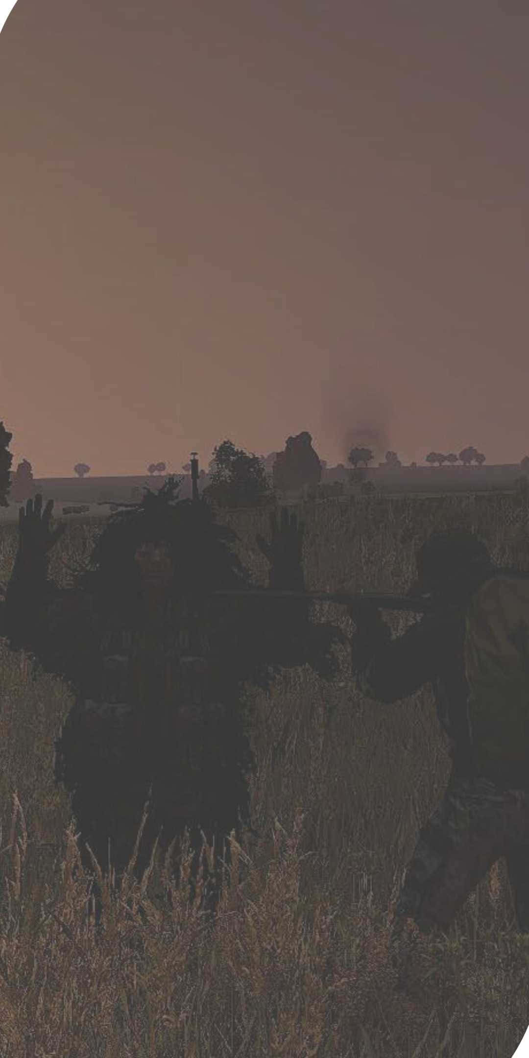 電玩遊戲 桌布 壁紙 — 黃昏田野中的兩個剪影人物，一人舉起雙手，另一人瞄準步槍，背景是朦朧的橙色天空。