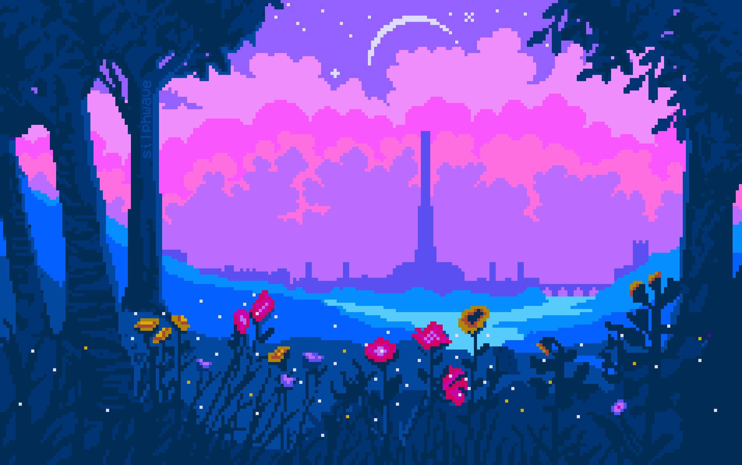 cute aesthetic pc 桌布 壁紙 — 黃昏的像素藝術森林，發光的花朵和遠處城市天際線上的新月。