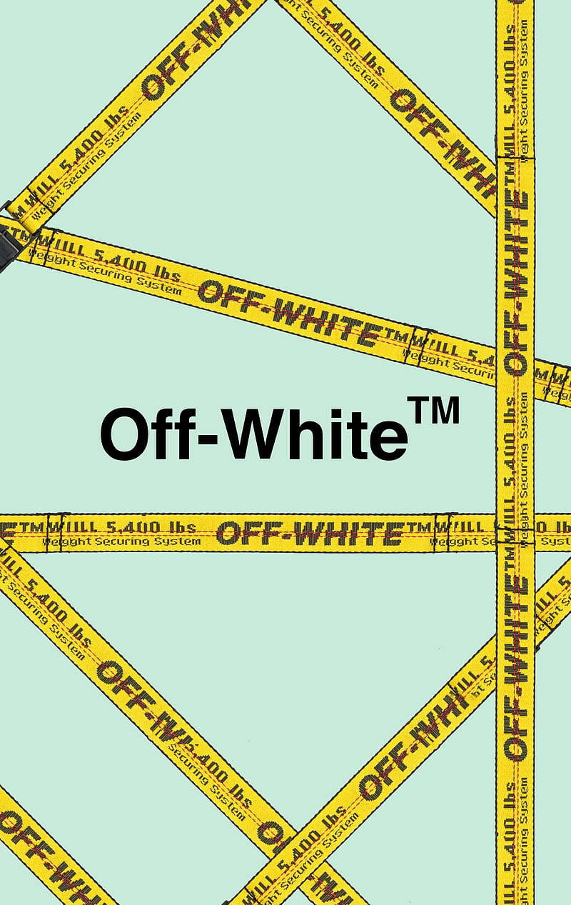 Off White Logo 桌布 壁紙 — 黃色 Off-White 品牌警告膠帶在淡薄荷色背景上交錯，中央有粗體黑色標誌文字。