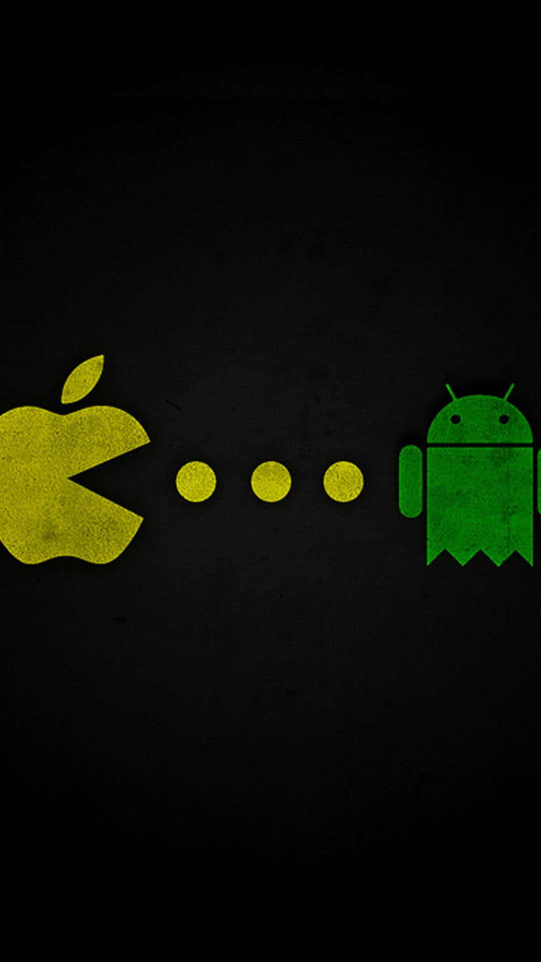 桌布 壁紙 — 黃色Apple標誌追逐帶有三個點的綠色Android鬼魂，背景為深色紋理。
