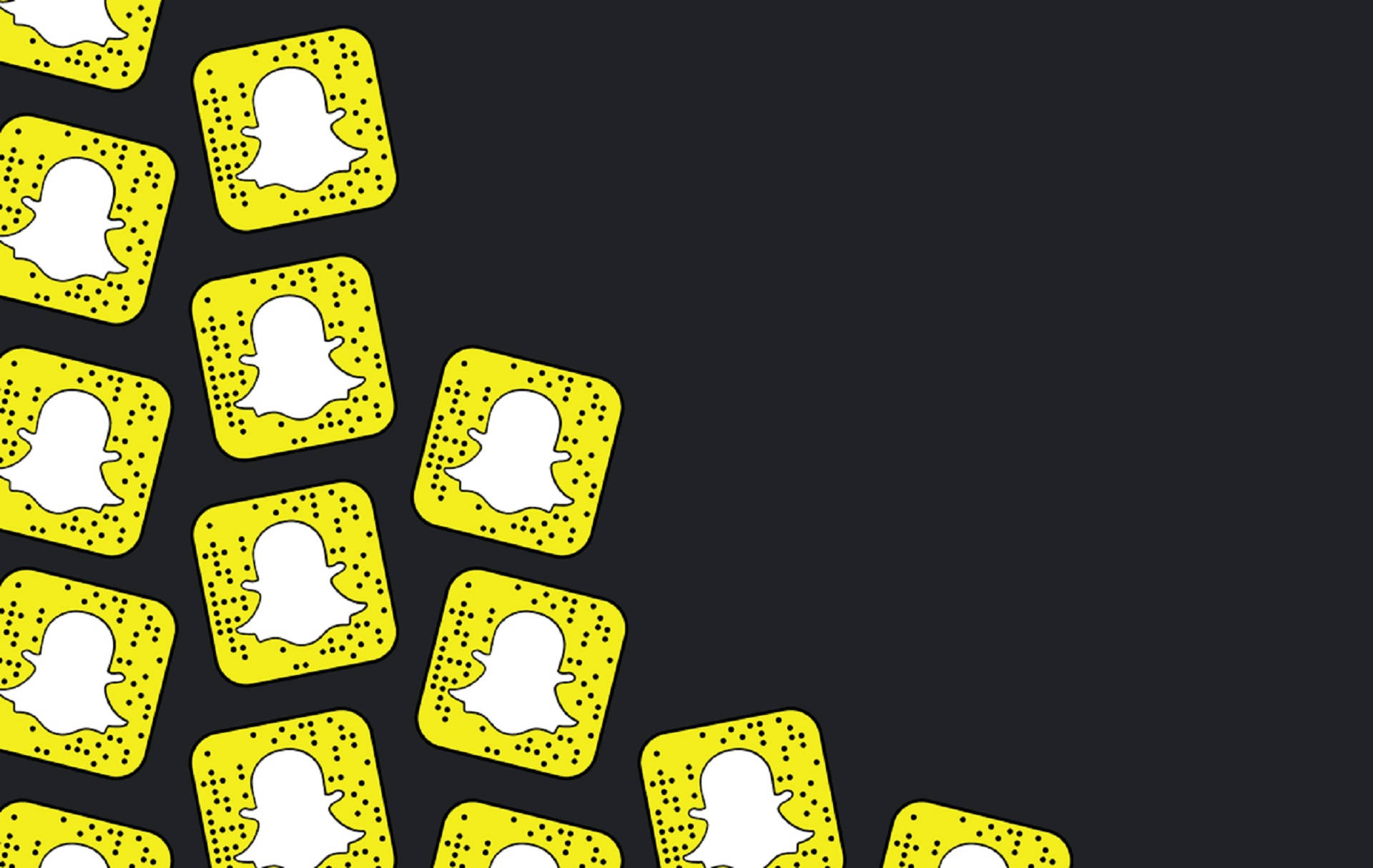 Snapchat 桌布 壁紙 — 黃色Snapchat鬼魂圖標，帶有圓點圖案，在深色背景上對角排列。