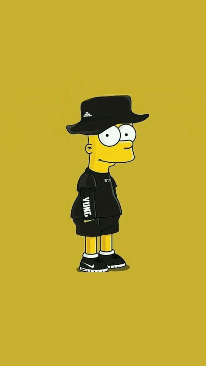 Bart Simpson Gangster 桌布 壁紙 — 黃色卡通人物巴特·辛普森穿著黑色街頭服飾和帽子，站在純芥末黃色背景前。