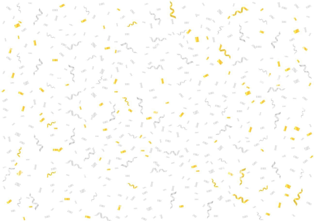 Gold Confetti 桌布 壁紙 — 黃色和銀色紙屑碎片在潔白背景上漂浮，形成節日慶祝圖案。
