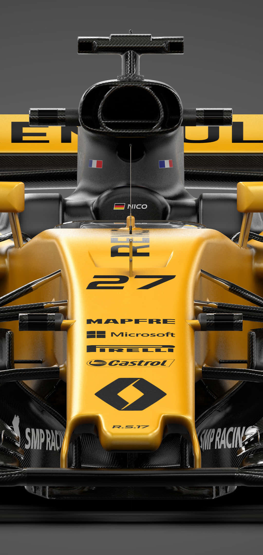 Formula 1 iPhone 桌布 壁紙 — 黃色和黑色一級方程式賽車的特寫，前翼上顯示贊助商標誌和車手名字Nico。