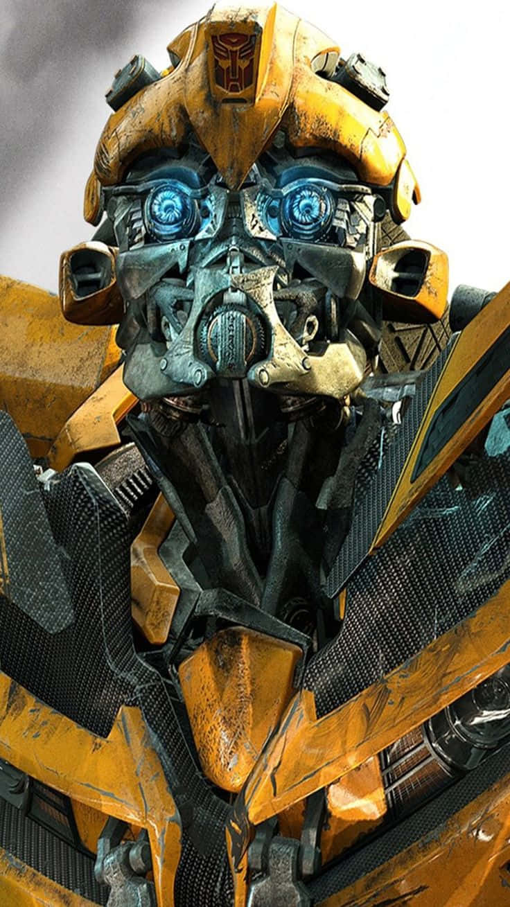 Bumblebee Transformer 桌布 壁紙 — 黃色和黑色機器人Bumblebee的特寫，帶有發光的藍色眼睛和風化的裝甲。