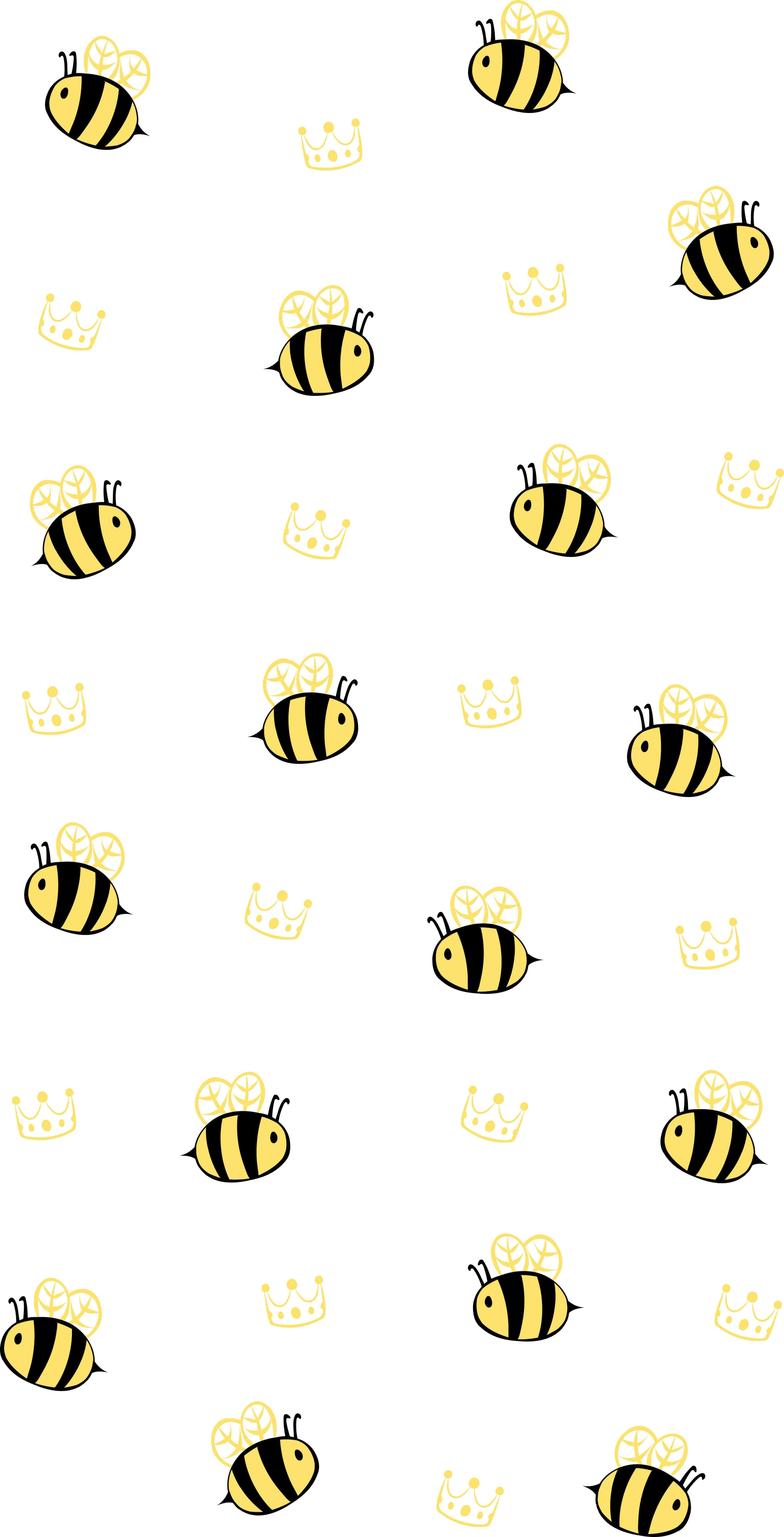 Aesthetic Bee 桌布 壁紙 — 黃色和黑色的卡通蜜蜂與檸檬片和皇冠在乾淨的白色背景上重複。