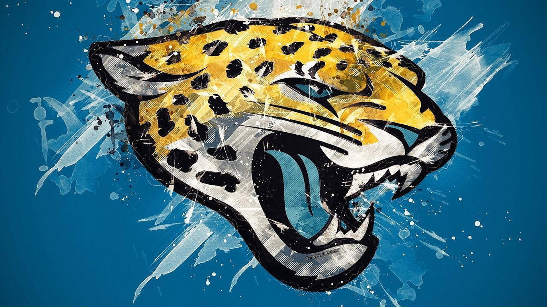 Jaguars 桌布 壁紙 — 黃色和黑色的咆哮美洲豹頭，帶有白色飛濺效果，藍色背景。