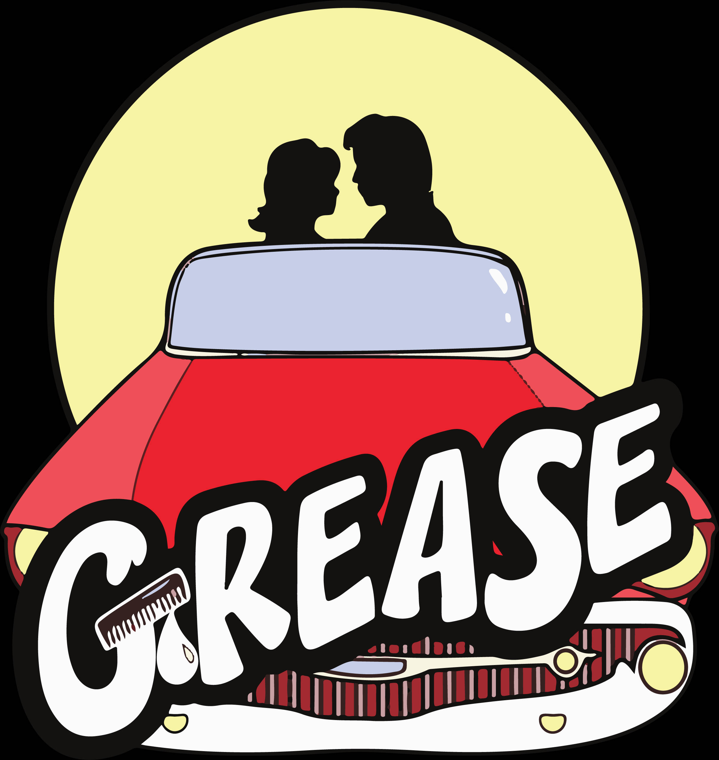 Grease 桌布 壁紙 — 黃色太陽下，一對情侶剪影在紅色經典車上接吻，下方有「GREASE」標誌。