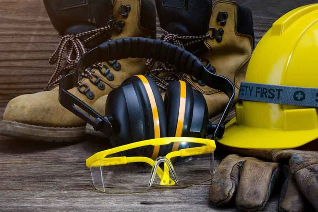 Safety 桌布 壁紙 — 黃色安全帽、耳罩、安全眼鏡和工作靴排列在風化木上，用於建築安全。