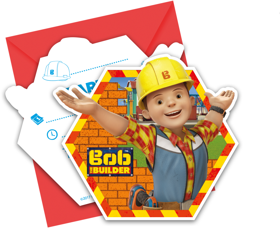 bob 桌布 壁紙 — 黃色安全帽和格紋襯衫的建築師巴布卡通角色，愉快地站在磚牆前，旁邊有建築工具和藍圖。