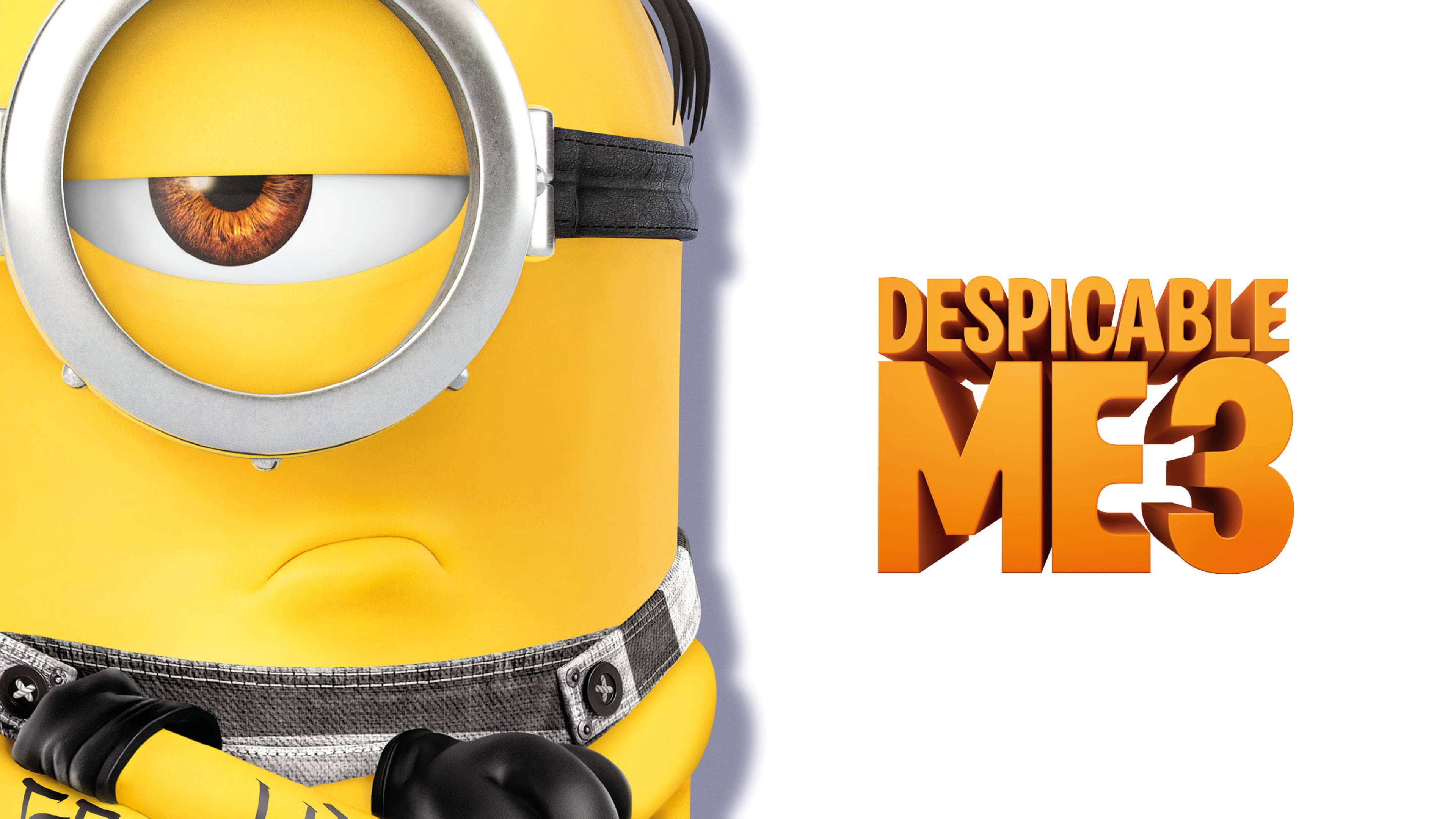 Despicable 桌布 壁紙 — 黃色小小兵單眼戴護目鏡的特寫，背景為白色，帶有《神偷奶爸3》標誌。