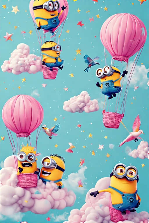 Maximalist Minions Hot Air Balloon Wallpaper with Tropical Birds and Stars 壁紙 — 黃色小小兵在粉紅色熱氣球中，在明亮的藍天下，在蓬鬆的雲朵和閃爍的星星之間快樂地漂浮。
