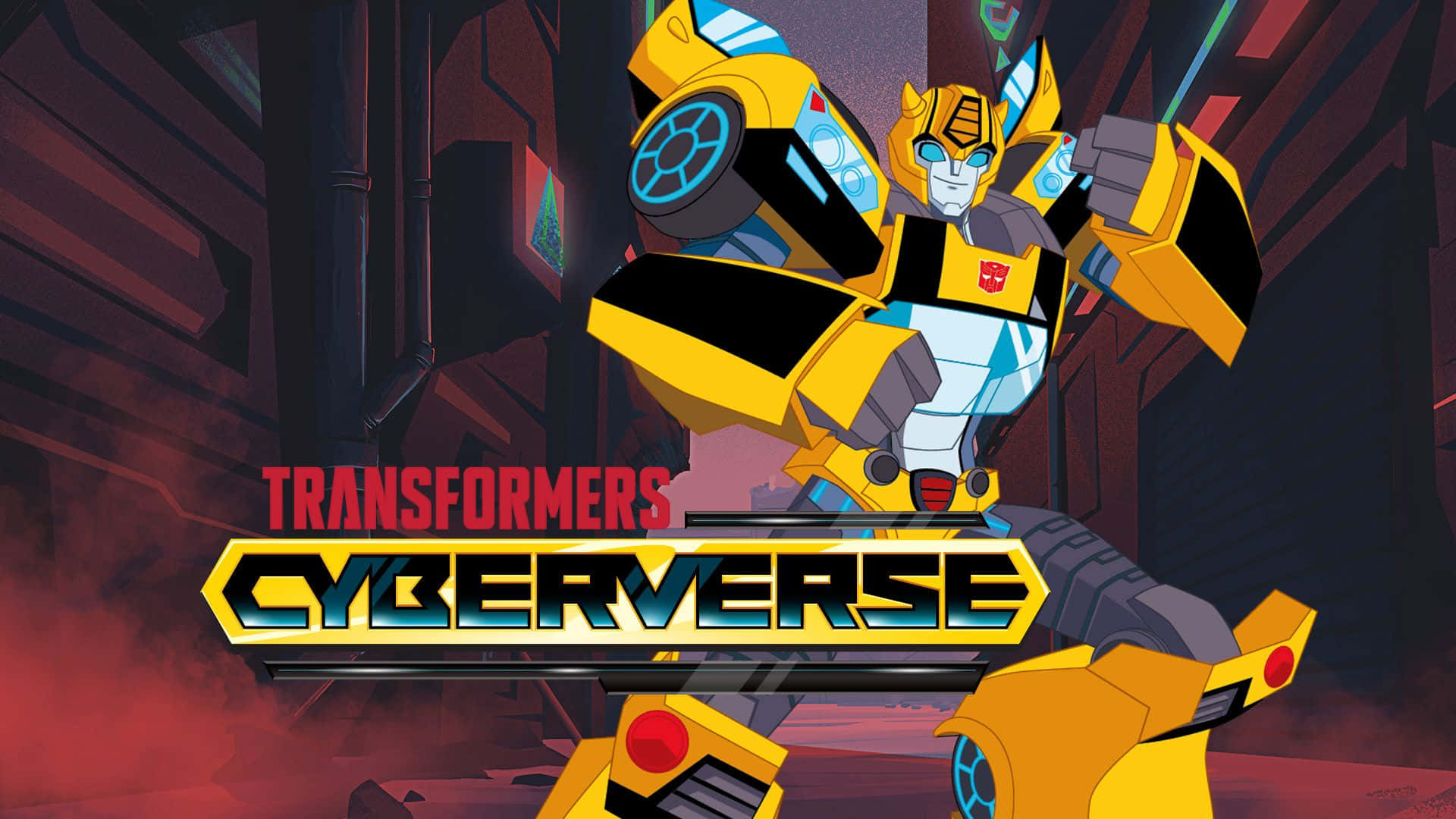 Animated 桌布 壁紙 — 黃色機器人Bumblebee在黑暗的工業環境中英勇站立，帶有發光的藍色點綴，下方是Transformers Cyberverse標誌。