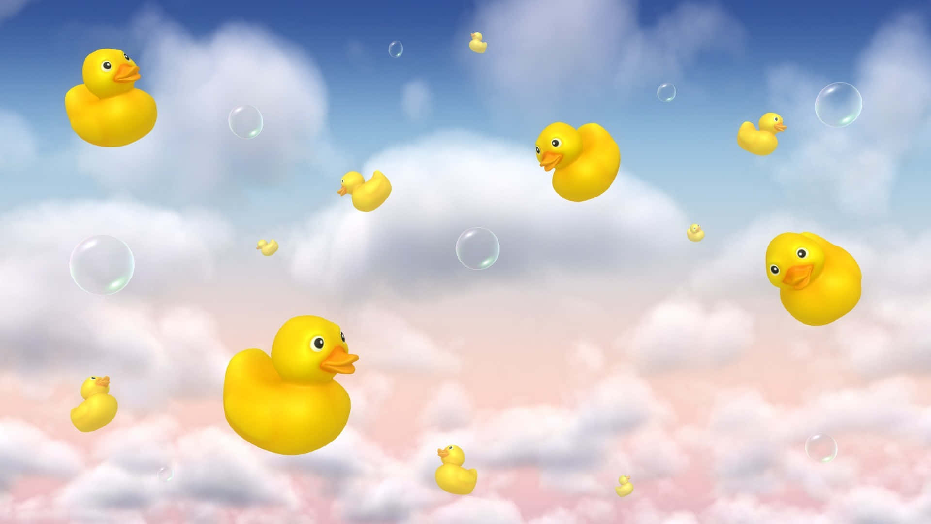 Cute Duck 桌布 壁紙 — 黃色橡膠鴨子在柔軟的藍色和粉紅色天空背景下，在蓬鬆的雲朵和肥皂泡之間異想天開地漂浮。
