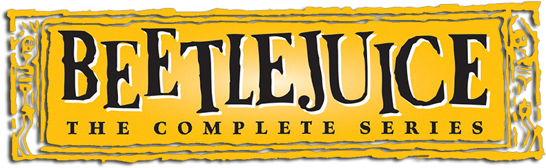 陰間大法師 桌布 壁紙 — 黃色橫幅上粗體黑色「BEETLEJUICE」文字，兩側有骷髏圖案，下方有「THE COMPLETE SERIES」。