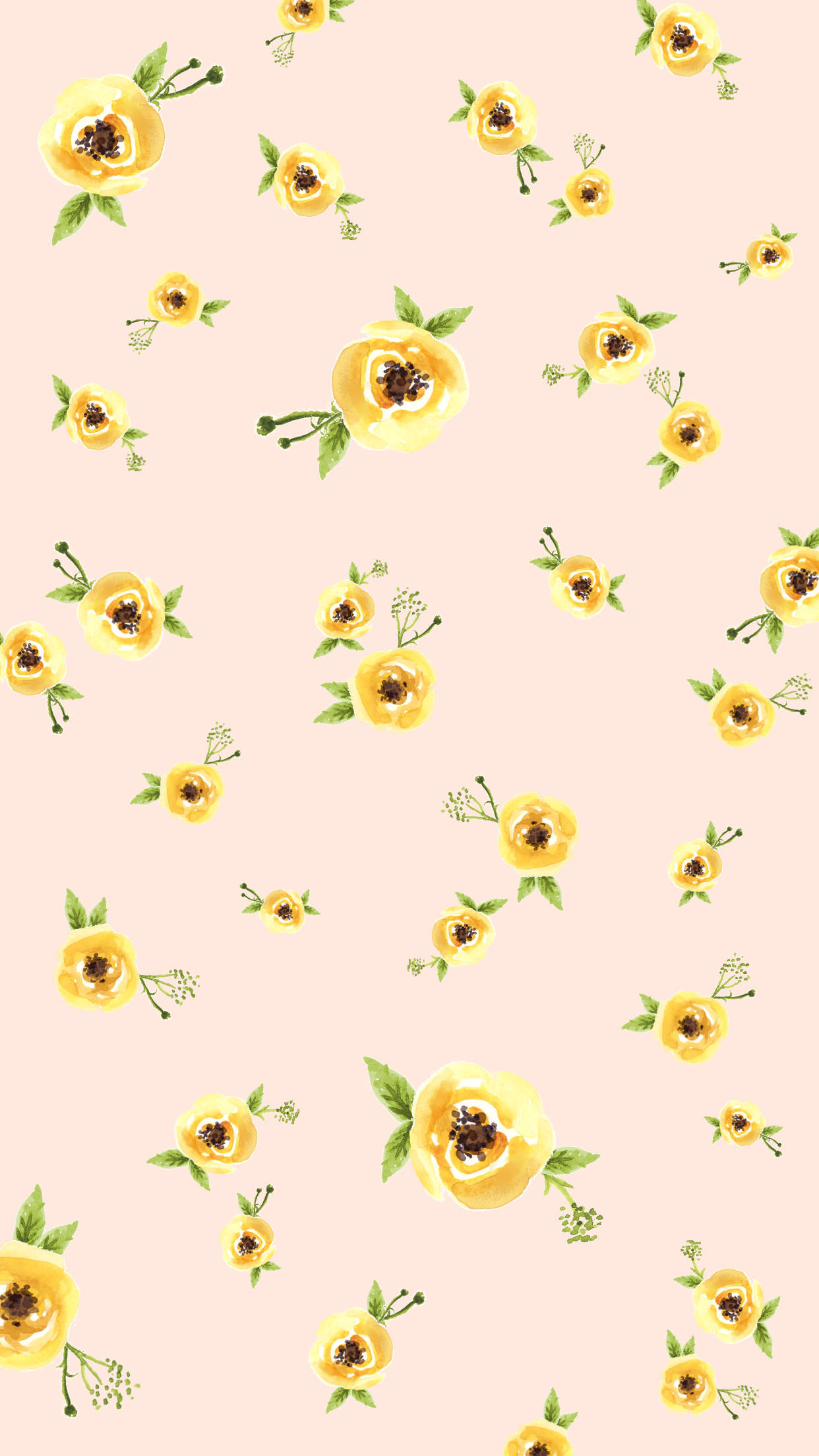 Cute Spring 桌布 壁紙 — 黃色毛茛花配綠葉，散落在柔和蜜桃色背景上，呈現精緻水彩風格。