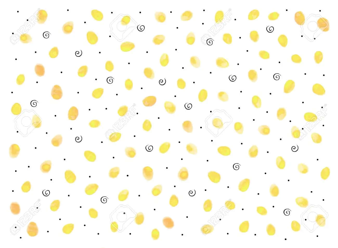 Simple Spring 桌布 壁紙 — 黃色水彩斑點和黑色漩渦散落在白色背景上，形成有趣的圖案。