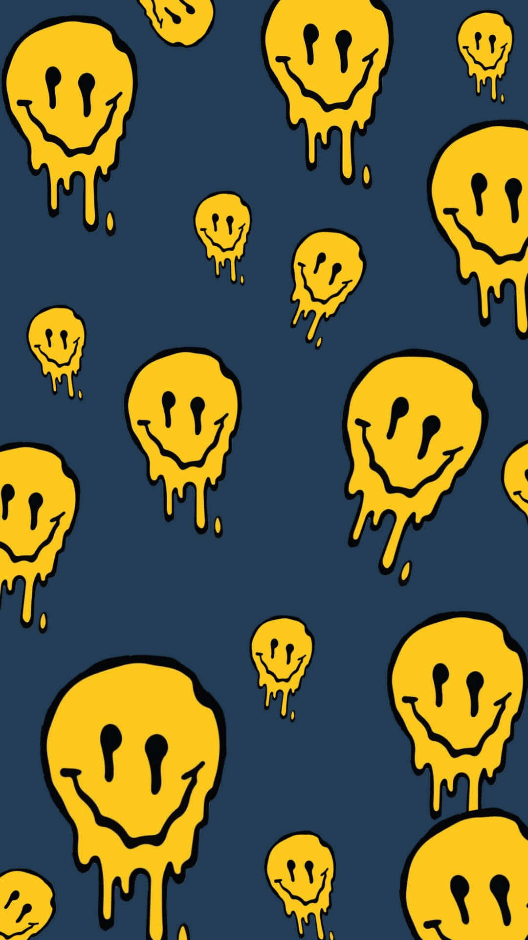 Aesthetic Trippy Smiley Face 桌布 壁紙 — 黃色滴落笑臉在深藍色背景上以重複圖案漂浮。
