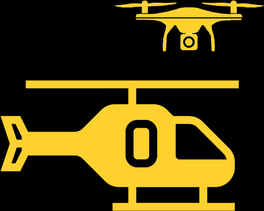 Aircraft 桌布 壁紙 — 黃色無人機和直升機圖標，極簡風格，黑色背景。