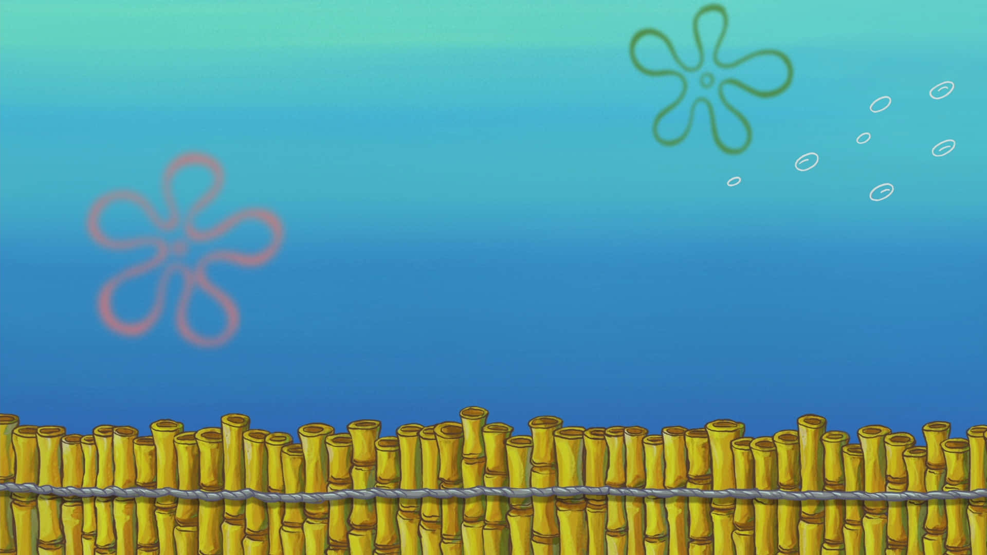 Spongebob Zoom 桌布 壁紙 — 黃色竹籬笆和漂浮的花狀海洋生物在漸變藍色水中的水下場景。