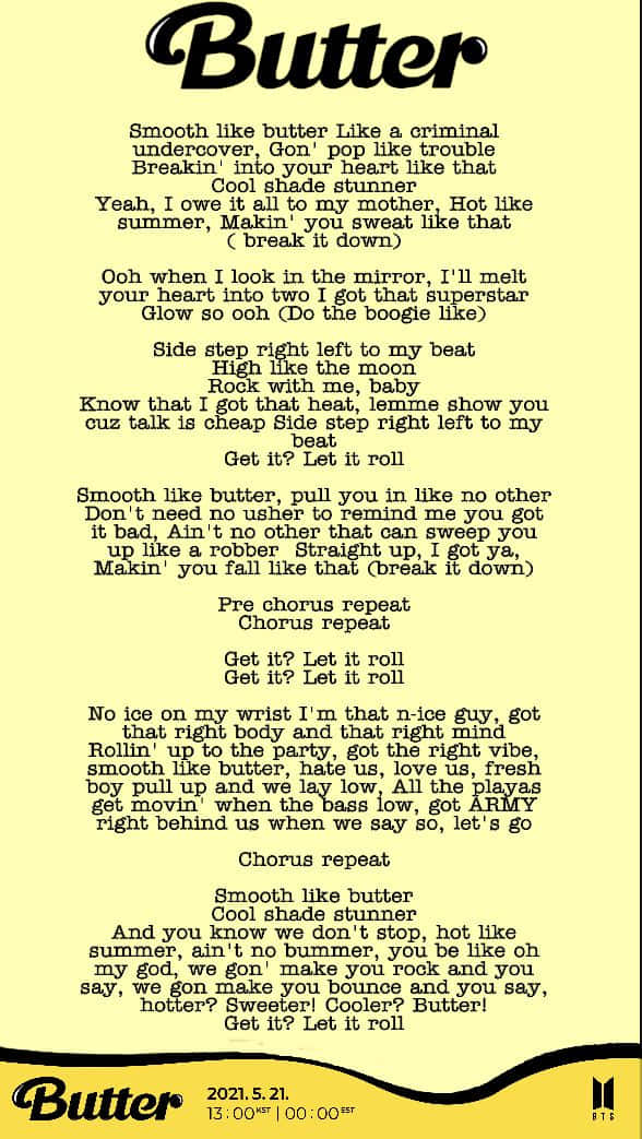 Bts Lyrics 桌布 壁紙 — 黃色背景上以黑色文字顯示BTS的《Butter》歌詞，底部有粗體標題和發行詳情。