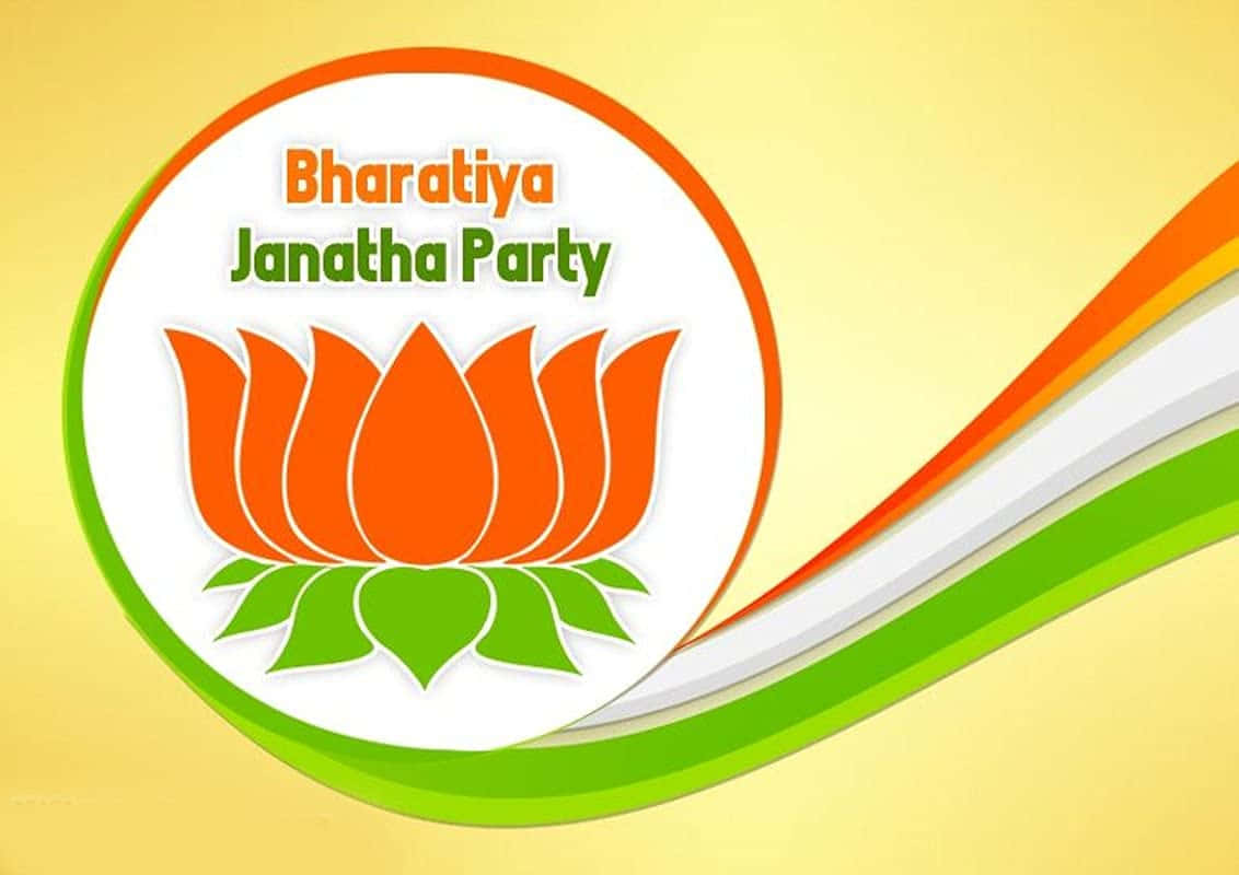 Bjp 桌布 壁紙 — 黃色背景上帶有橙色蓮花和三色條紋的印度人民黨標誌。