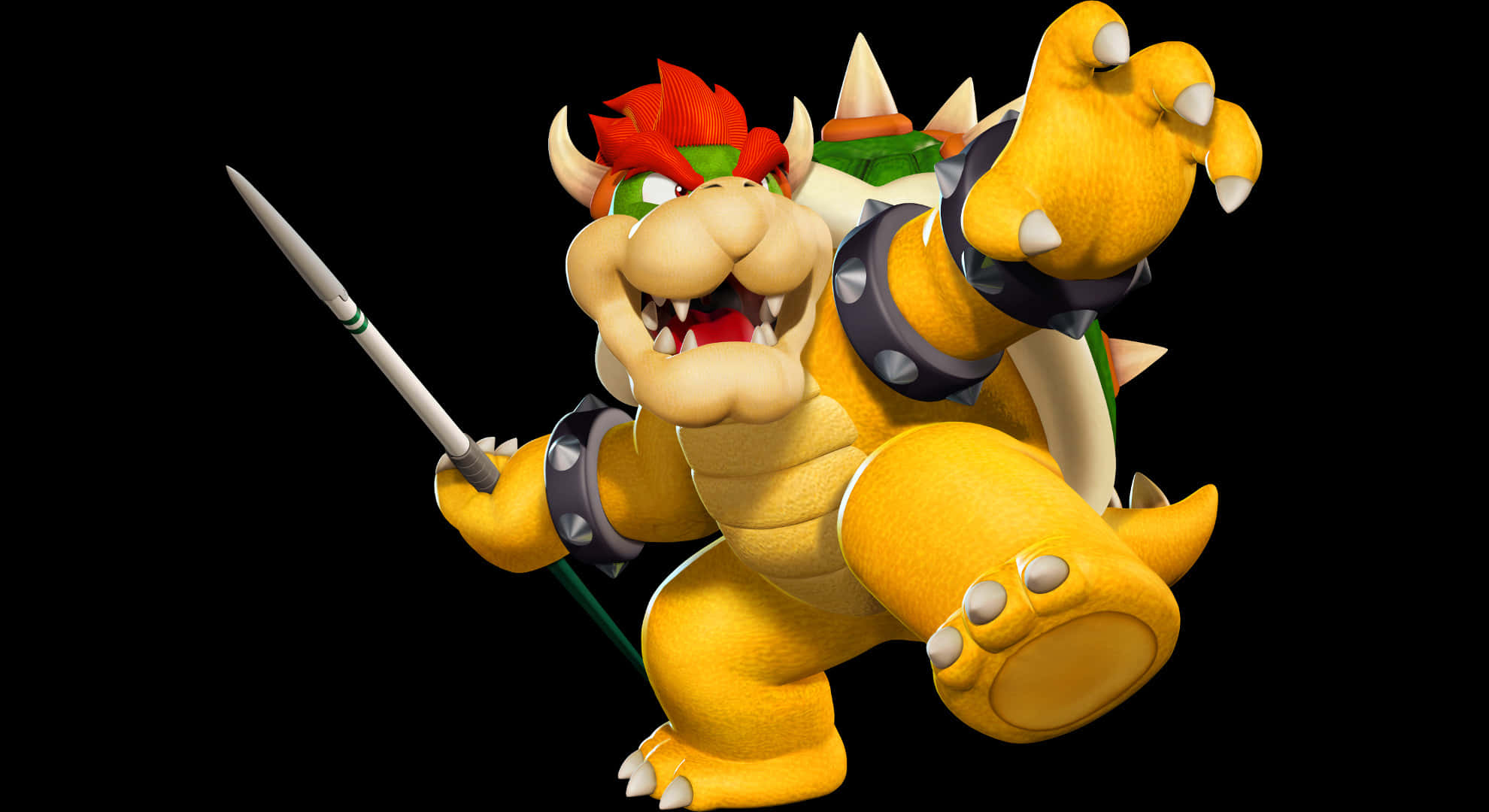 bowser 桌布 壁紙 — 黃色龜王庫巴手持長矛，在黑色背景上兇猛咆哮。
