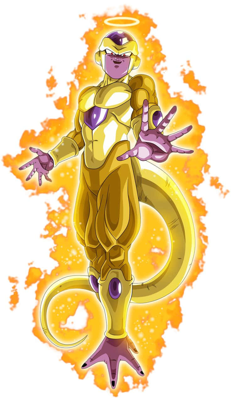 Golden Frieza 桌布 壁紙 — 黃金弗利沙站在火焰光環中，張開雙臂，擺出強而有力的動漫姿勢。