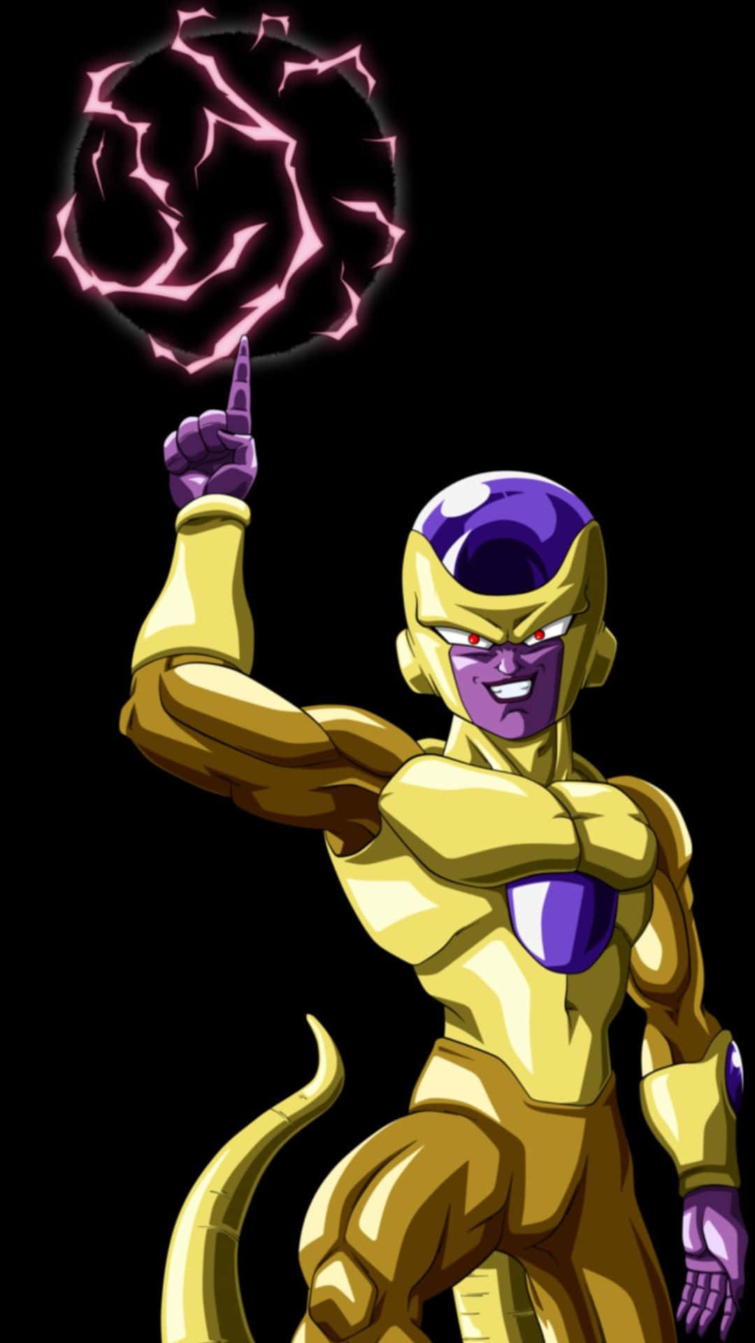 Golden Frieza 桌布 壁紙 — 黃金弗力札站在黑色背景前，威嚇地用指尖召喚出旋轉的粉紅色能量球。