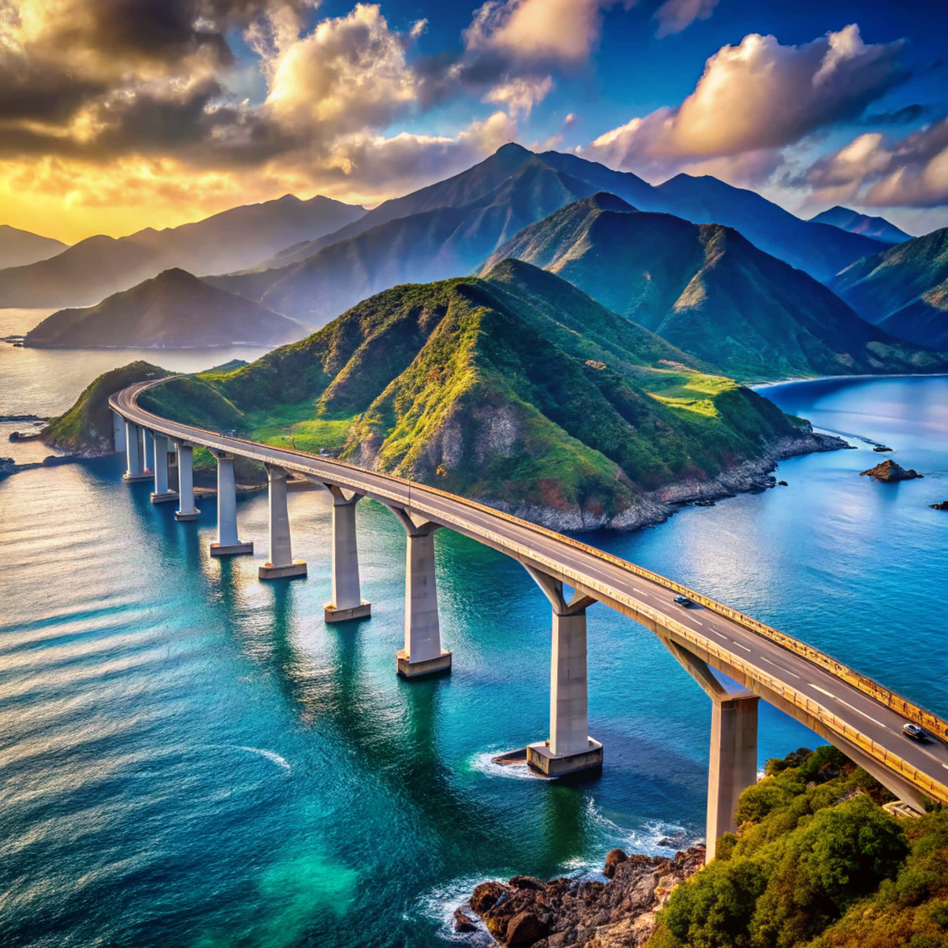 Bridge over the sea in the middle of the mountains 壁紙 — 黃金時分，一座現代混凝土橋優雅地彎曲在鬱鬱蔥蔥的綠色山脈之間充滿活力的碧綠海水上的廣闊鳥瞰圖。