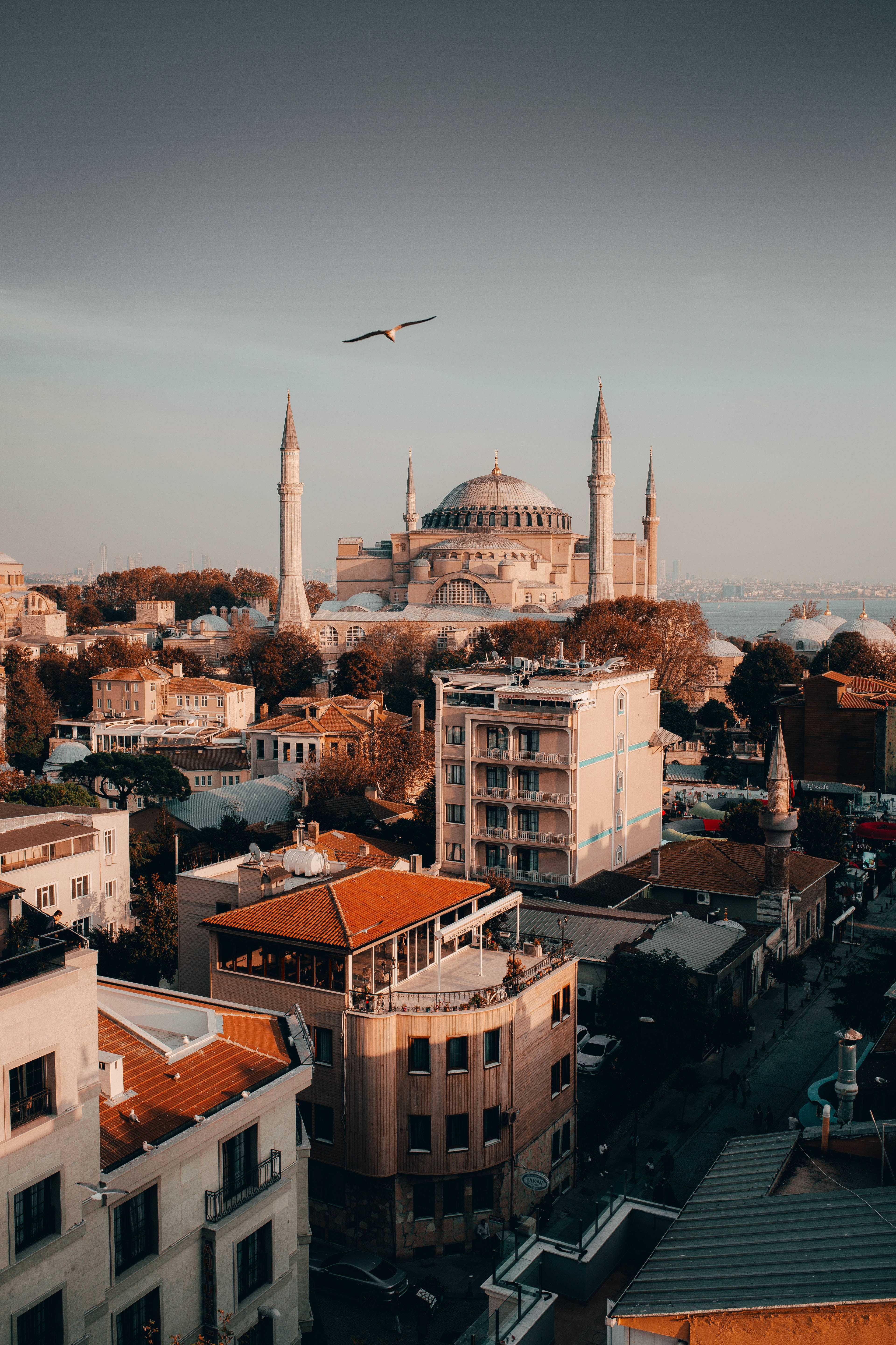 Best Islamic 桌布 壁紙 — 黃金時刻，一座擁有圓頂和宣禮塔的歷史清真寺俯瞰密集的城市街區的航拍視圖。