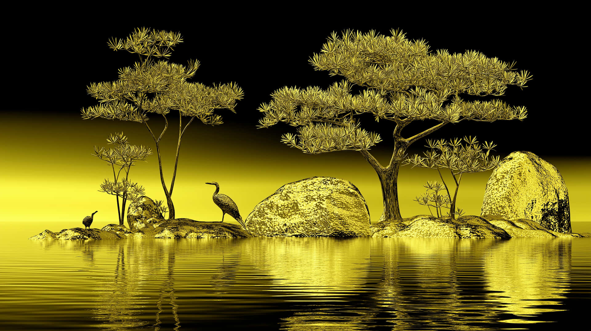 Golden Isle: Heron and Trees on Reflective Water 壁紙 — 黃金時刻照亮寧靜的水面，襯托著剪影樹木和棲息在岩石上的鳥兒，背景是漸變的天空。