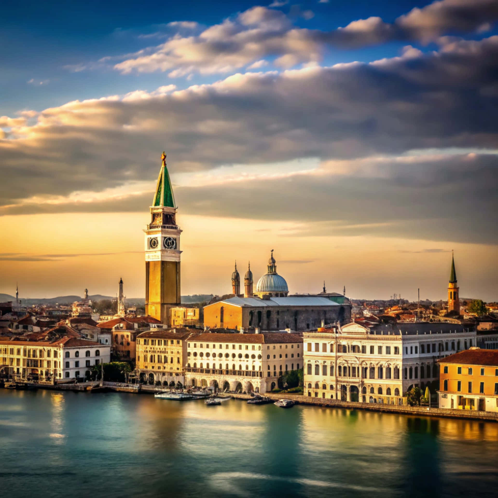 Venice Skyline 壁紙 — 黃金時段的威尼斯，聖馬可鐘樓聳立在歷史建築之上，倒映在平靜的運河水中。