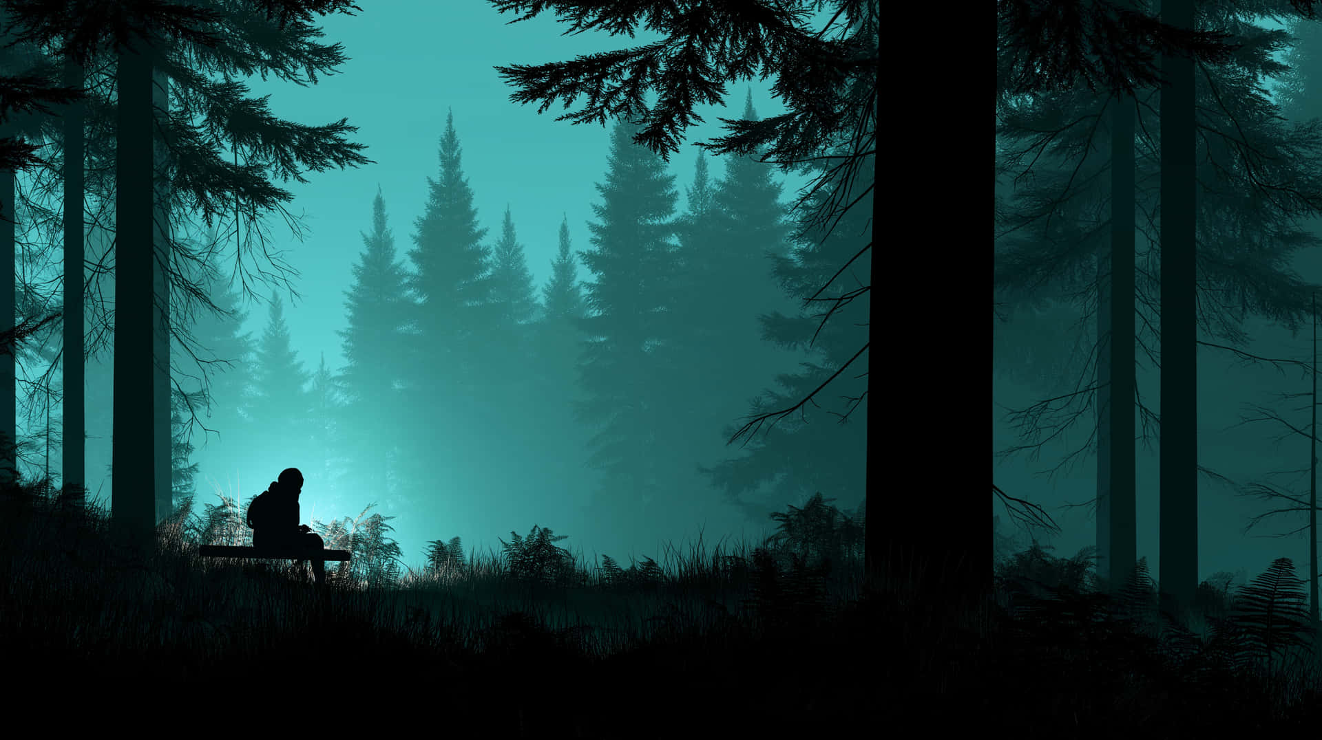 Solitary Figure in a Misty Pine Forest Setting 壁紙 — 黎明或黃昏時分，一個孤獨的身影坐在霧氣瀰漫的藍綠色森林中的長椅上，周圍是高聳的松樹。