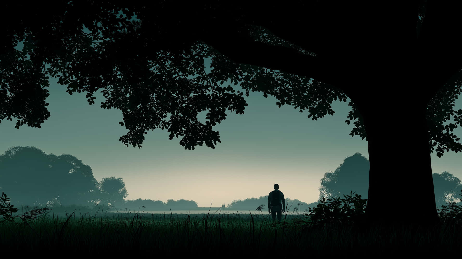 Figure Under Grand Tree in Misty Open Landscape 壁紙 — 黎明或黃昏時分，在薄霧籠罩的田野中，一棵巨大的樹下站著一個孤獨的身影，帶有柔和的青綠色和灰色調。