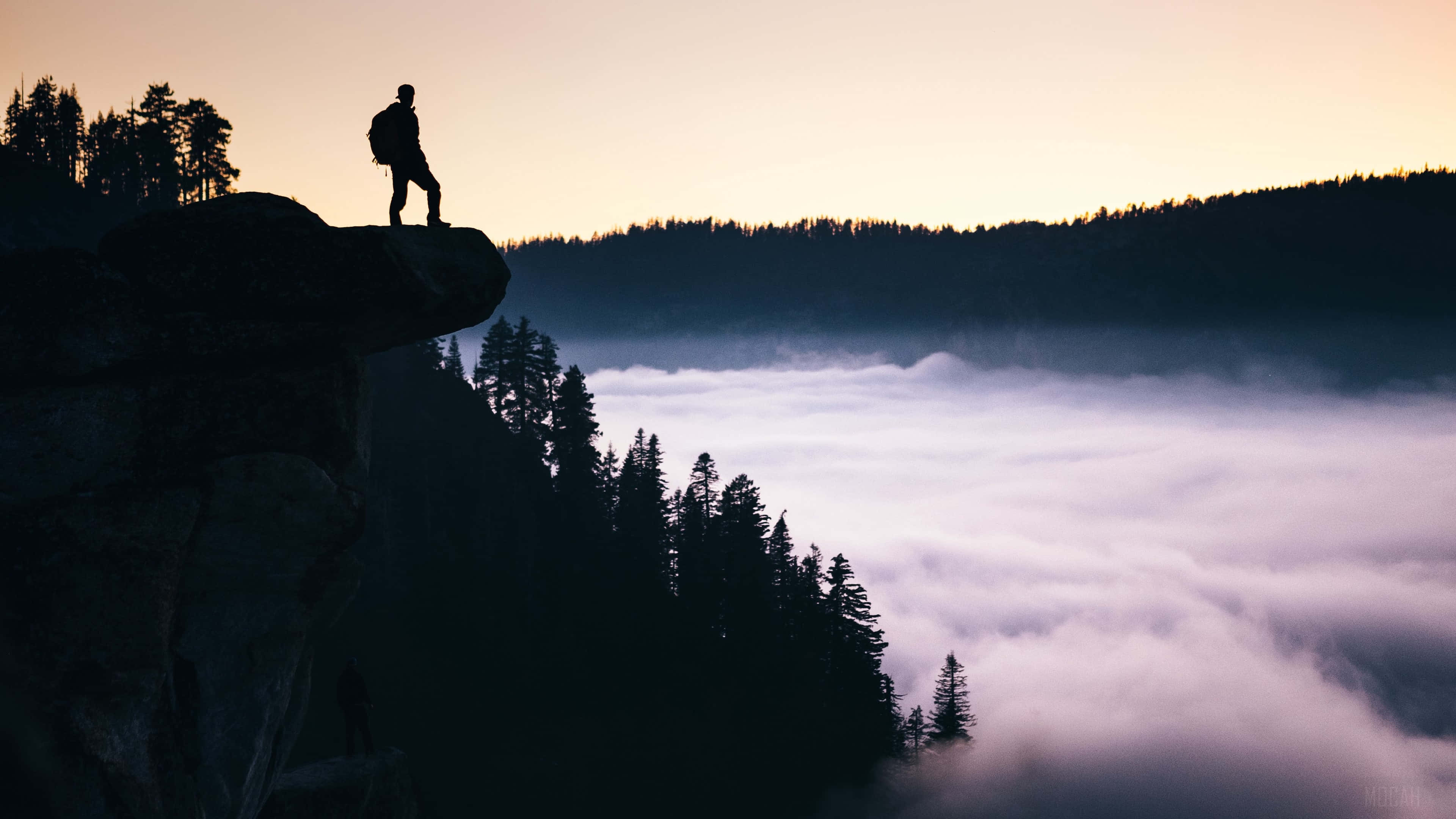 Freedom 桌布 壁紙 — 黎明時分，一位孤獨的徒步旅行者站在懸崖頂上，俯瞰著一片霧海和下方樹木繁茂的山丘。